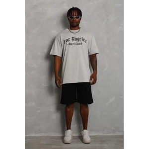 Unisex Oversize Baskılı Bisiklet Yaka T-Shirt - Gri