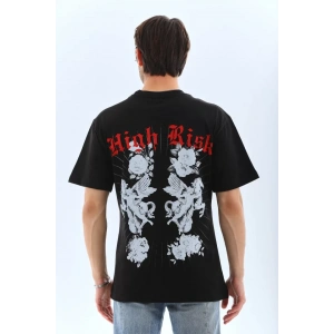 Unisex Oversize Baskılı Bisiklet Yaka T-Shirt - Siyah
