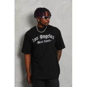 Unisex Oversize Baskılı Bisiklet Yaka T-Shirt - Siyah