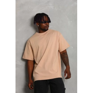 Unisex Oversize Düz Bisiklet Yaka T-Shirt - Bej