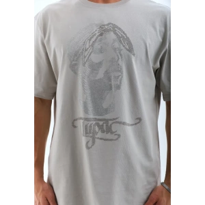 Unisex Oversize Taşlı Bisiklet Yaka T-Shirt - Gri