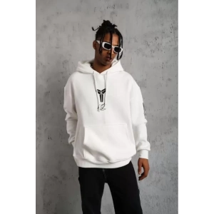 Unisex Sırt Baskılı Kapüşonlu Üç İplik Oversize Sweatshirt - Beyaz