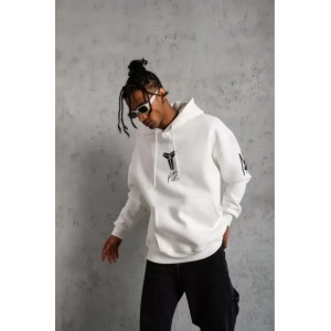 Unisex Sırt Baskılı Kapüşonlu Üç İplik Oversize Sweatshirt - Beyaz