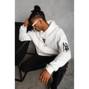 Unisex Sırt Baskılı Kapüşonlu Üç İplik Oversize Sweatshirt - Beyaz