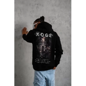 Unisex Sırt Baskılı Kapüşonlu Üç İplik Oversize Sweatshirt - Siyah