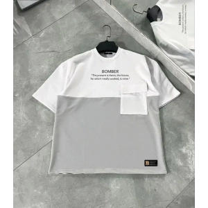Unisex Torba Cep Detaylı  Parçalı T-Shirt - Gri