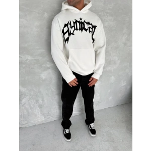 Unisex Üç İplik Kapşonlu Baskılı SweatShirt - Beyaz