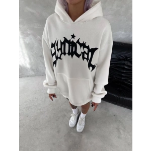 Unisex Üç İplik Kapşonlu Baskılı SweatShirt - Beyaz
