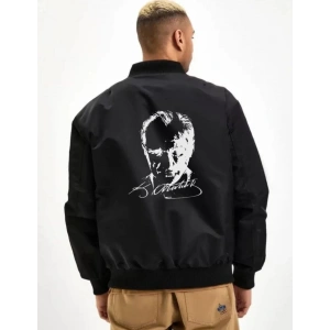 Unisex Uzun Kol Baskılı Bomber Ceket - Siyah