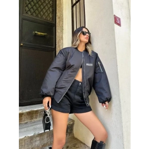 Unisex Uzun Kol Baskılı Bomber Ceket - Siyah