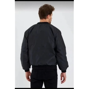 Unisex Uzun Kol Baskılı Bomber Ceket - Siyah