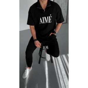 Unisex Yarım Fermuarlı Baskılı T-Shirt - Siyah