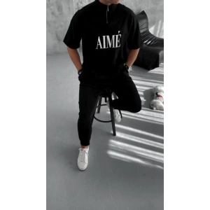 Unisex Yarım Fermuarlı Baskılı T-Shirt - Siyah