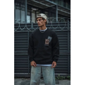 Uzun Kol Bisiklet Yaka Baskılı SweatShirt - Siyah