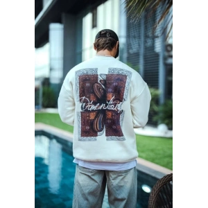 Uzun Kol Bisiklet Yaka Ön Ve Arka Baskılı SweatShirt - Beyaz