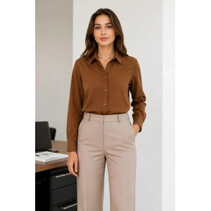 Uzun Kol Gömlek Düğmeli Klasik Yaka Günlük Ve Ofis Şıklığına Uygun - Kahverengi