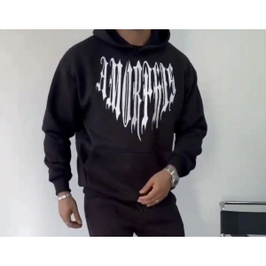 Uzun Kol Kapşonlu Baskılı SweatShirt - Siyah