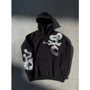 Uzun Kol Kapşonlu Baskılı SweatShirt - Siyah