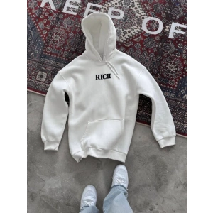 Uzun Kol Kapşonlu Göğüs Baskılı SweatShirt - Beyaz