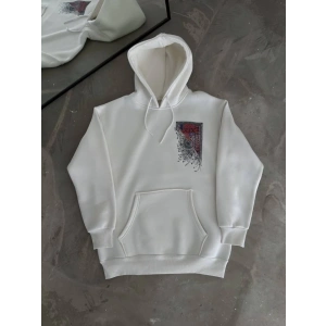 Uzun Kol Kapşonlu Ön Ve Arka Baskılı SweatShirt - Beyaz