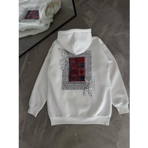 Uzun Kol Kapşonlu Ön Ve Arka Baskılı SweatShirt - Beyaz