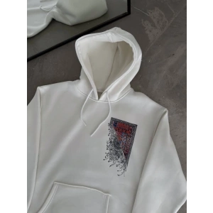Uzun Kol Kapşonlu Ön Ve Arka Baskılı SweatShirt - Beyaz