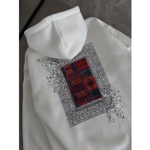Uzun Kol Kapşonlu Ön Ve Arka Baskılı SweatShirt - Beyaz