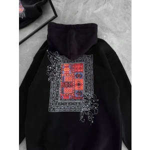 Uzun Kol Kapşonlu Ön Ve Arka Baskılı SweatShirt - Siyah