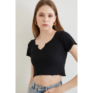 V Yaka Basıc Crop - Siyah