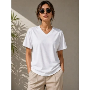 V Yaka Basic Tişört Kısa Kol Yazlık Regular Fit T-Shirt - Beyaz