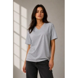 V Yaka Basic Tişört Kısa Kol Yazlık Regular Fit T-Shirt - Gri