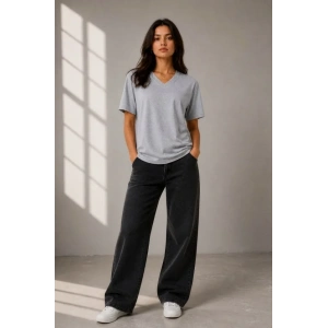 V Yaka Basic Tişört Kısa Kol Yazlık Regular Fit T-Shirt - Gri
