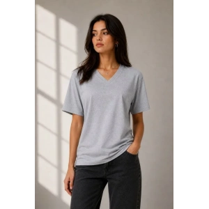 V Yaka Basic Tişört Kısa Kol Yazlık Regular Fit T-Shirt - Gri