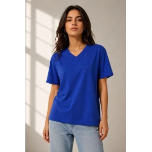 V Yaka Basic Tişört Kısa Kol Yazlık Regular Fit T-Shirt - Saks Mavisi