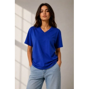 V Yaka Basic Tişört Kısa Kol Yazlık Regular Fit T-Shirt - Saks Mavisi