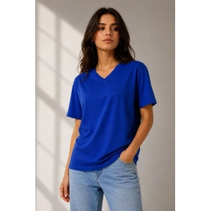 V Yaka Basic Tişört Kısa Kol Yazlık Regular Fit T-Shirt - Saks Mavisi