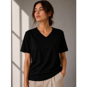 V Yaka Basic Tişört Kısa Kol Yazlık Regular Fit T-Shirt - Siyah