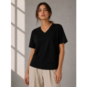 V Yaka Basic Tişört Kısa Kol Yazlık Regular Fit T-Shirt - Siyah