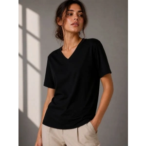 V Yaka Basic Tişört Kısa Kol Yazlık Regular Fit T-Shirt - Siyah
