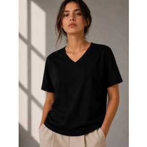 V Yaka Basic Tişört Kısa Kol Yazlık Regular Fit T-Shirt - Siyah