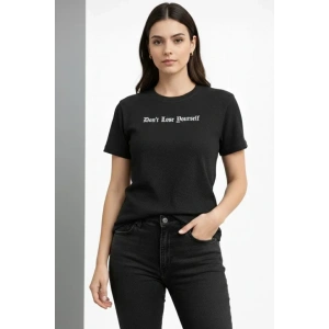 Wafıl Kumaş Tişört Regular Kalıp Bisiklet Yaka Baskılı Günlük Basic T-Shirt - Siyah