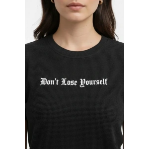 Wafıl Kumaş Tişört Regular Kalıp Bisiklet Yaka Baskılı Günlük Basic T-Shirt - Siyah