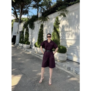 Yakalı Gömlek Kemerli Şortlu Takım - Bordo