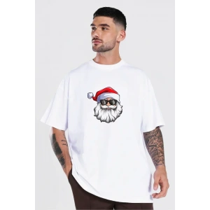 Yılbaşı Gözlüklü Noel Baba Baskılı Kısa Kollu Oversize Bisiklet Yaka T-shirt - Beyaz
