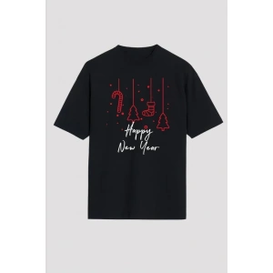 Yılbaşı Happy New Year Baskılı Kısa Kollu Oversize Bisiklet Yaka T-shirt - Siyah