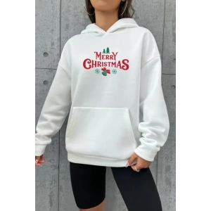 Yılbaşı Merry Christmas Baskılı Oversize Kapüşonlu Sweatshirt Hoodie - Beyaz