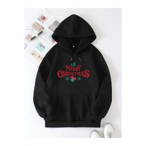 Yılbaşı Merry Christmas Baskılı Oversize Kapüşonlu Sweatshirt Hoodie - Siyah