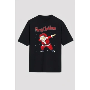 Yılbaşı Merry Christmas Noel Baba Baskılı Oversize Bisiklet Yaka T-shirt - Siyah