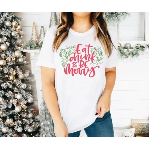 Yılbaşı Noel Baskılı Kısa Kollu Oversize Bisiklet Yaka T-shirt - Beyaz