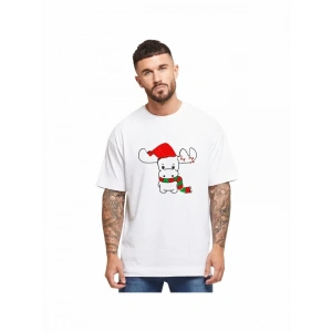 Yılbaşı Noel Ren Geyiği Baskılı Kısa Kollu Oversize Bisiklet Yaka T-shirt - Beyaz